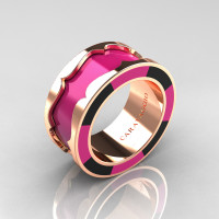 Caravaggio 14K Rose Gold Pink and Black Italian Enamel Wedding Band Ring R618F-14KRGBLPEN