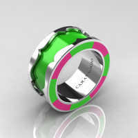 Caravaggio 14K White Gold Lime Green and Pink Italian Enamel Wedding Band Ring R618F-14KWGBLPE
