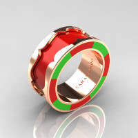 Caravaggio 14K Yellow Gold Red and Lime Green Italian Enamel Wedding Band Ring R618F-14KYGLGREN