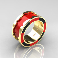 Caravaggio 14K Yellow Gold Red and Black Italian Enamel Wedding Band Ring R618F-14KYGBLREN