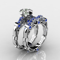 Art Masters Caravaggio 14K White Gold 1.25 Ct Princess White and Blue Sapphire Engagement Ring Wedding Band Set R623PS-14KWGBSWS