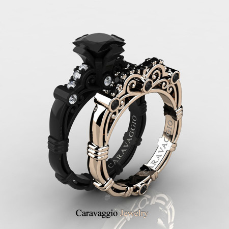 Caravagio-14K-Black-and-Rose-Gold-1-25-Carat-Princess-Black-and-White-Diamond-Engagement-Ring-Wedding-Band-Set-R623PS-14KBRGDBD-P