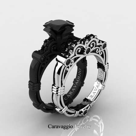Caravagio-14K-Black-and-White-Gold-1-25-Carat-Princess-Black-Diamond-Engagement-Ring-Wedding-Band-Set-R623PS-14KBWGBD-P