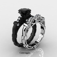 Art Masters Caravaggio 14K Black and White Gold 1.25 Ct Princess Black and White Diamond Engagement Ring Wedding Band Set R623PS3-14KBWGDBD