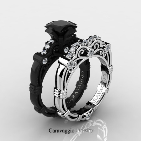 Caravagio-14K-Black-and-White-Gold-1-25-Carat-Princess-Black-and-White-Diamond-Engagement-Ring-Wedding-Band-Set-R623PS3-14KBWGDBD-P