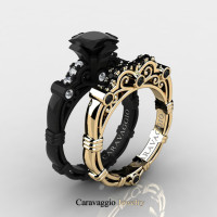 Caravaggio 14K Black and Yellow Gold 1.25 Ct Princess Black and White Diamond Engagement Ring Wedding Band Set R623PS-14KBYGDBD