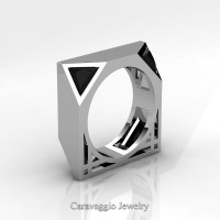 Mens Avant Garde 14K White Gold 1.0 Ct Triangle Black Diamond Wedding Ring R349M2-14KWGBD