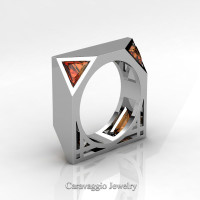 Mens Avant Garde 14K White Gold 1.0 Ct Triangle Orange Sapphire Wedding Ring R349M2-14KWGOS