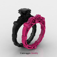 Caravaggio 14K Black and Fuchsia Pink Gold 1.25 Ct Princess Black Diamond Pink Sapphire Engagement Ring Wedding Band Set R623PS2-14KBFPGPSBD