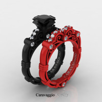 London Exclusive Caravaggio 14K Black and Red Gold 1.25 Ct Princess Black and White Diamond Engagement Ring Wedding Band Set R623PS-14KBREGDBD