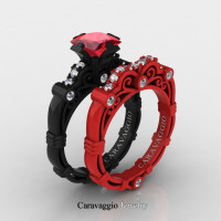 London Exclusive Caravaggio 14K Black and Red Gold 1.25 Ct Princess Ruby Diamond Engagement Ring Wedding Band Set R623PS-14KBREGDR