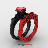 London Exclusive Caravaggio 14K Black and Red Gold 1.25 Ct Princess Ruby Black Diamond Engagement Ring Wedding Band Set R623PS-14KBREGBDR