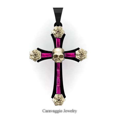 Caravaggio-Bridal-14K-Black-Yellow-Gold-Baguette-Pink-Sapphire-Roses-Skull-on-Cross-Pendant-Wedding-Jewelry-C487S-14KBYGPS-T