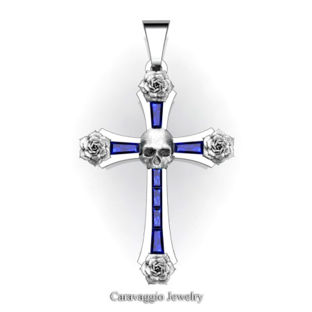 Caravaggio-Bridal-14K-White-Gold-Baguette-Blue-Sapphire-Roses-Skull-on-Cross-Pendant-Wedding-Jewelry-C487S-14KWGBS-T