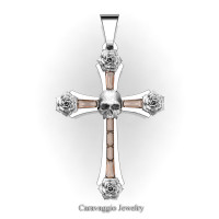 Caravaggio Bridal 14K White Gold Baguette Morganite Rose Skull and Cross Pendant Wedding Jewelry C487S-14KWGMO
