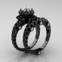 Caravaggio Lace 14K Black Gold 1.0 Ct White Sapphire Diamond Engagement Ring Wedding Band Set R634S-14KBGDWS