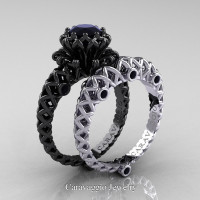 Caravaggio Lace 14K Black and White Gold 1.0 Ct Black Diamond Engagement Ring Wedding Band Set R634S-14KBWGBD