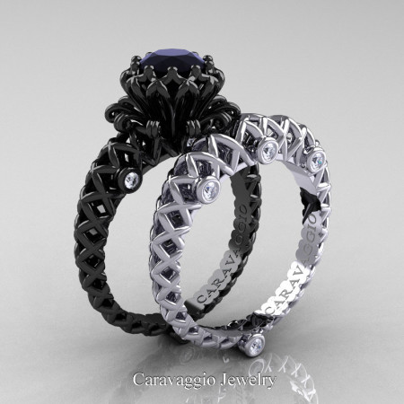 Caravaggio-Lace-14K-Black-White-Gold-1-Carat-Black-and-White-Diamond-Engagement-Ring-Wedding-Band-Bridal-Set-R634S2-14KBWGDBD-P