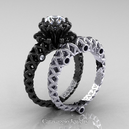 Caravaggio-Lace-14K-Black-White-Gold-1-Carat-White-Sapphire-Black-and-White-Diamond-Engagement-Ring-Wedding-Band-Bridal-Set-R634S2-14KBWGDBDWS-P