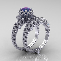 Caravaggio Lace 14K White Gold 1.0 Ct Alexandrite Diamond Engagement Ring Wedding Band Set R634S-14KWGDAL