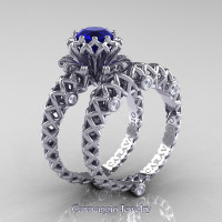 Caravaggio Lace 14K White Gold 1.0 Ct Blue Sapphire Diamond Engagement Ring Wedding Band Set R634S-14KWGDBS