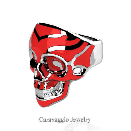 Caravaggio-Mens-14K-White-Gold-Red-Enamel-Skull-Ring-R638-14KWGRE-P