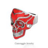 Mens Modern Italian 14K White Gold Red Enamel Skull Ring R635-14KWGSRE