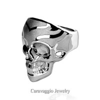Mens Modern Italian 14K White Gold Skull Ring R635-14KWGS