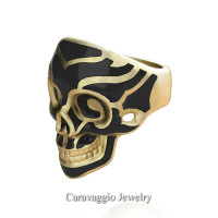 Mens Modern Italian 14K Yellow Gold Black Enamel Skull Ring R635-14KYGSBE