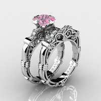 Art Masters Caravaggio 14K White Gold 1.25 Ct Princess Light Pink Sapphire Diamond Engagement Ring Wedding Band Set R623PS-14KWGDLPS