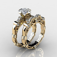Art Masters Caravaggio 14K Yellow Gold 1.25 Ct Princess White Sapphire Diamond Engagement Ring Wedding Band Set R623PS-14KYGDWS