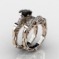 Art Masters Caravaggio 14K Rose Gold 1.25 Ct Princess Black and White Diamond Engagement Ring Wedding Band Set R623PS-14KRGDBD