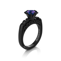 Caravaggio Classic 14K Black Gold 1.0 Ct Alexandrite Black Diamond Engagement Ring R637-14KBGBDAL