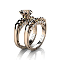 Caravaggio Classic 14K Rose Gold 1.0 Ct Champagne and White Diamond Engagement Ring Wedding Band Set R637S-14KRGDCHD