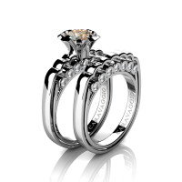 Caravaggio Classic 14K White Gold 1.0 Ct Champagne and White Diamond Engagement Ring Wedding Band Set R637S-14KWGDCHD