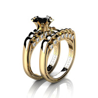 Caravaggio Classic 14K Yellow Gold 1.25 Ct Black and White Diamond Engagement Ring Wedding Band Set R637S-14KYGDNBD