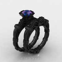 Art Masters Caravaggio 14K Black Gold 1.0 Ct Alexandrite Black Diamond Engagement Ring Wedding Band Set R623S-14KBGBDAL