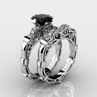 Art Masters Caravaggio 950 Platinum 1.25 Ct Princess Black and White Diamond Engagement Ring Wedding Band Set R623PS-PLATDBD