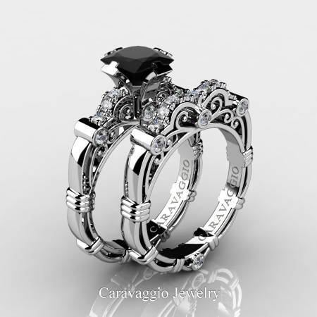 Art-Masters-Caravagio-950-Platinum-1-5-Carat-Princess-Black-Diamond-and-White-Diamond-Engagement-Ring-Wedding-Band-Set-R623PS-PLATDBD-P