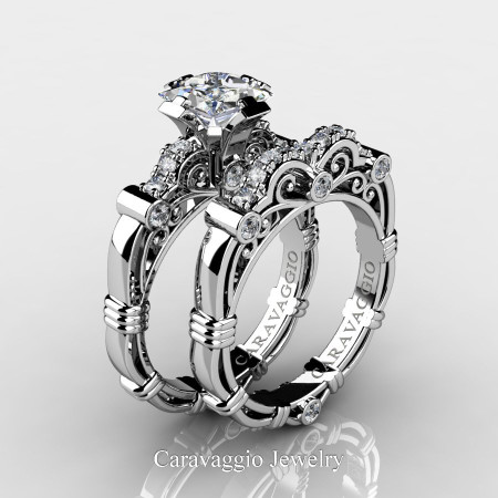 Art-Masters-Caravagio-950-Platinum-1-5-Carat-Princess-White-Sapphire-and-White-Diamond-Engagement-Ring-Wedding-Band-Set-R623PS-PLATDWS-P
