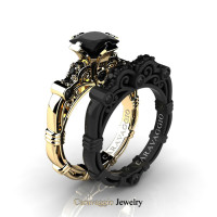 Caravaggio 14K Yellow and Black Gold 1.25 Ct Princess Black Diamond Engagement Ring Wedding Band Set R623PS-14KYBGBD