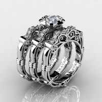 Art Masters Caravaggio Trio 950 Platinum 1.0 Ct White Sapphire White Diamond Engagement Ring Wedding Band Set R623S3-PLATDWS