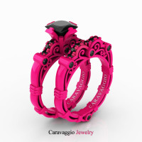 London Exclusive Caravaggio 14K Fuchsia Pink Gold 1.25 Ct Princess Black Diamond Engagement Ring Wedding Band Set R623PS-14KFPGBD