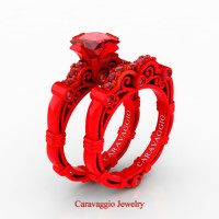 London Exclusive Caravaggio 14K Red Gold 1.25 Ct Princess Ruby Engagement Ring Wedding Band Set R623PS-14KREGR