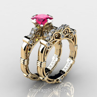Art Masters Caravaggio 14K Yellow Gold 1.25 Ct Princess Pink Sapphire Diamond Engagement Ring Wedding Band Set R623PS-14KYGDPS