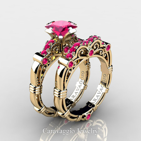 Art Masters Caravaggio 14K Yellow Gold 1.25 Ct Princess Pink Sapphire Engagement Ring Wedding Band Set R623PS-14KYGPS