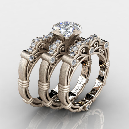 Art Masters Caravaggio Trio 14K Matte Rose Gold 1.25 Ct Princess White Sapphire Diamond Engagement Ring Wedding Band Set R623PS3-14KMRGDWS