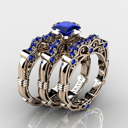 Art Masters Caravaggio Trio 14K Rose Gold 1.25 Ct Princess Blue Sapphire Engagement Ring Wedding Band Set R623PS3-14KRGBS