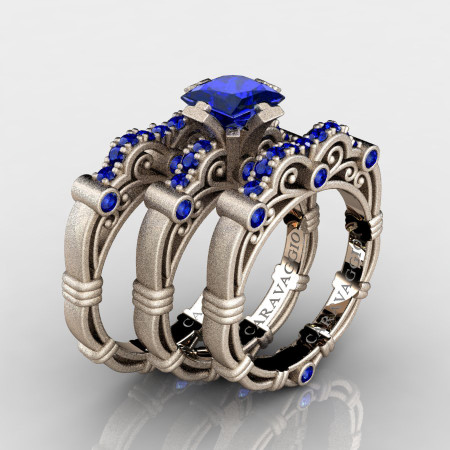 Art Masters Caravaggio Trio 14K Matte Rose Gold 1.25 Ct Princess Blue Sapphire Engagement Ring Wedding Band Set R623PS3-14KMRGBS