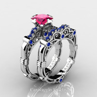 Art Masters Caravaggio 14K White Gold 1.25 Ct Princess Pink and Blue Sapphire Engagement Ring Wedding Band Set R623PS-14KWGBSPS